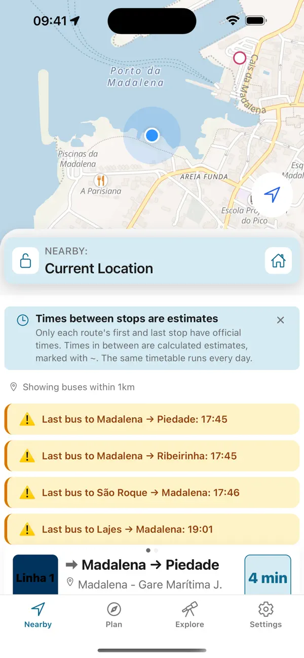 Azores Bus nearby screen showing estimated departures around Madalena on Pico