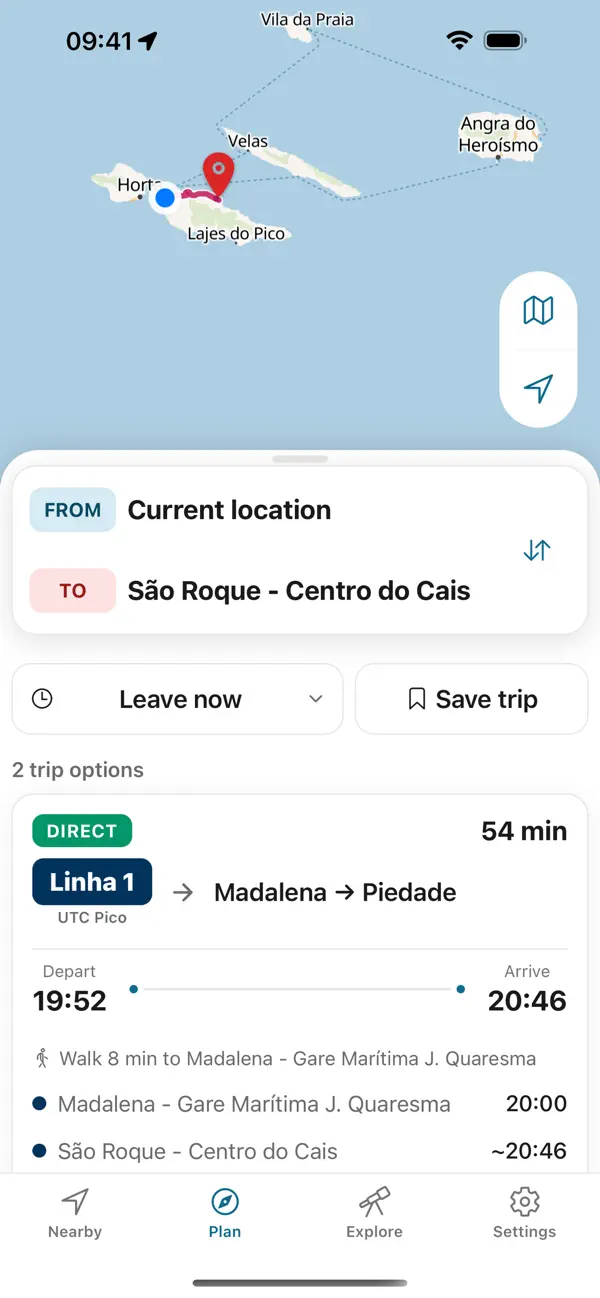 Azores Bus trip planner showing a Madalena to São Roque bus journey on Pico