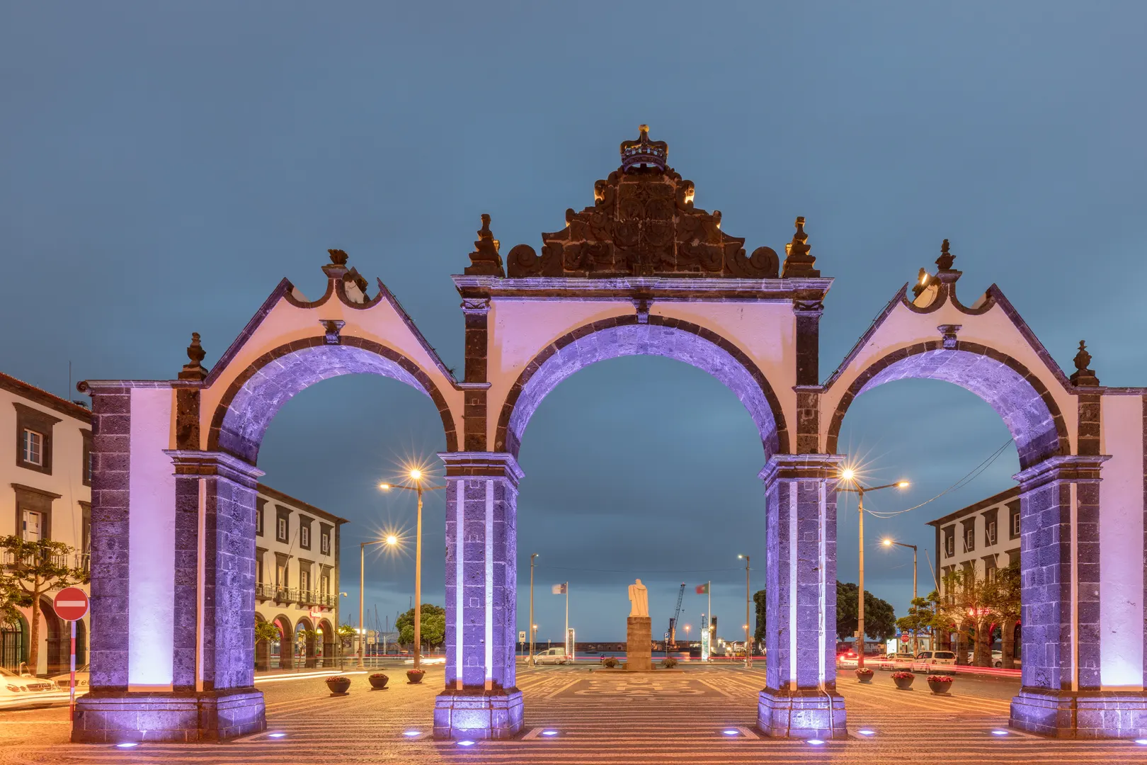 The three arches of the Portas da Cidade gates in Ponta Delgada