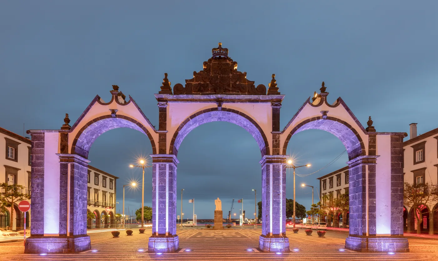 The three arches of the Portas da Cidade gates in Ponta Delgada